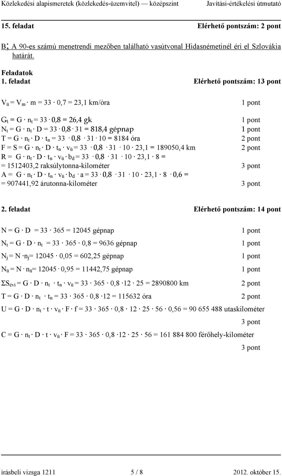 t n v ü = 33 0,8 31 10 23,1 = 189050,4 km R = G n t D t n v ü b d = 33 0,8 31 10 23,1 8 = = 1512403,2 raksúlytonna-kilométer 3 pont A = G n t D t n v ü b d a = 33 0,8 31 10 23,1 8 0,6 = = 907441,92