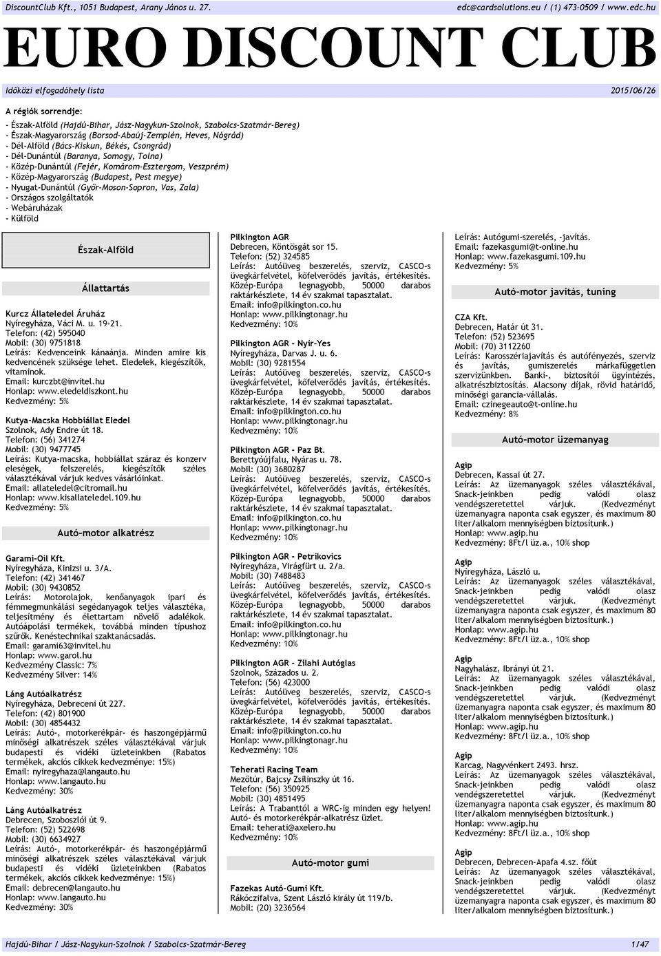 Nyugat-Dunántúl (Győr-Moson-Sopron Vas Zala) - Országos szolgáltatók - Webáruházak - Külföld Észak-Alföld Állattartás Kurcz Állateledel Áruház Nyíregyháza Váci M. u. 19-21.