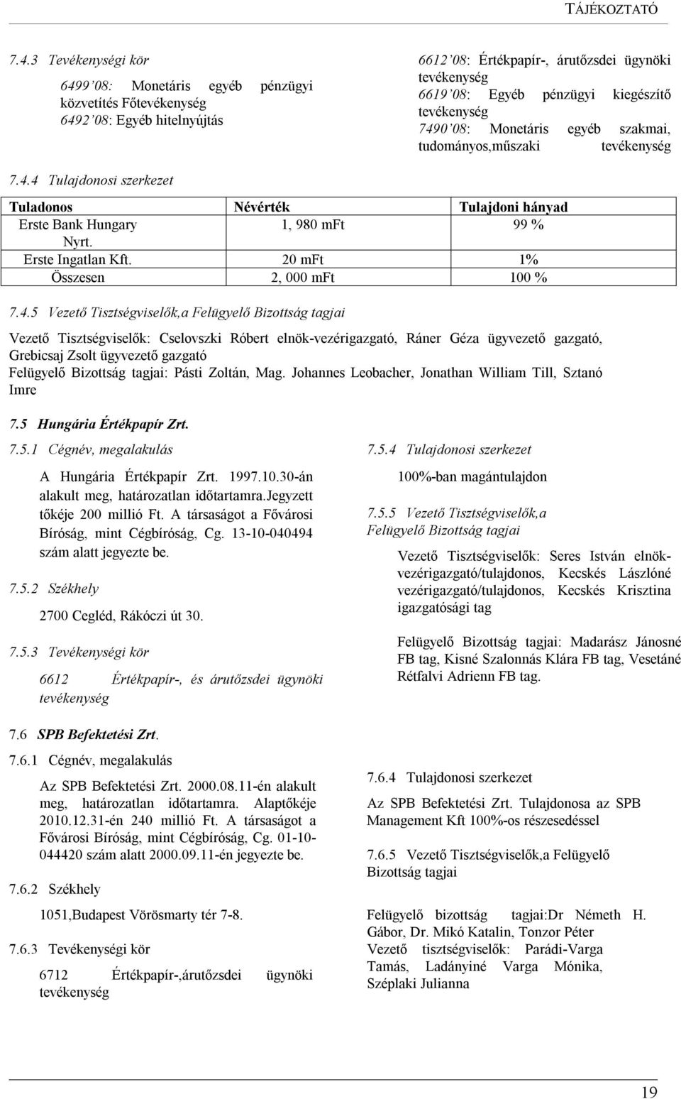 tevékenység 7490 08: Monetáris egyéb szakmai, tudományos,műszaki tevékenység 7.4.4 Tulajdonosi szerkezet Tuladonos Névérték Tulajdoni hányad Erste Bank Hungary 1, 980 mft 99 % Nyrt.