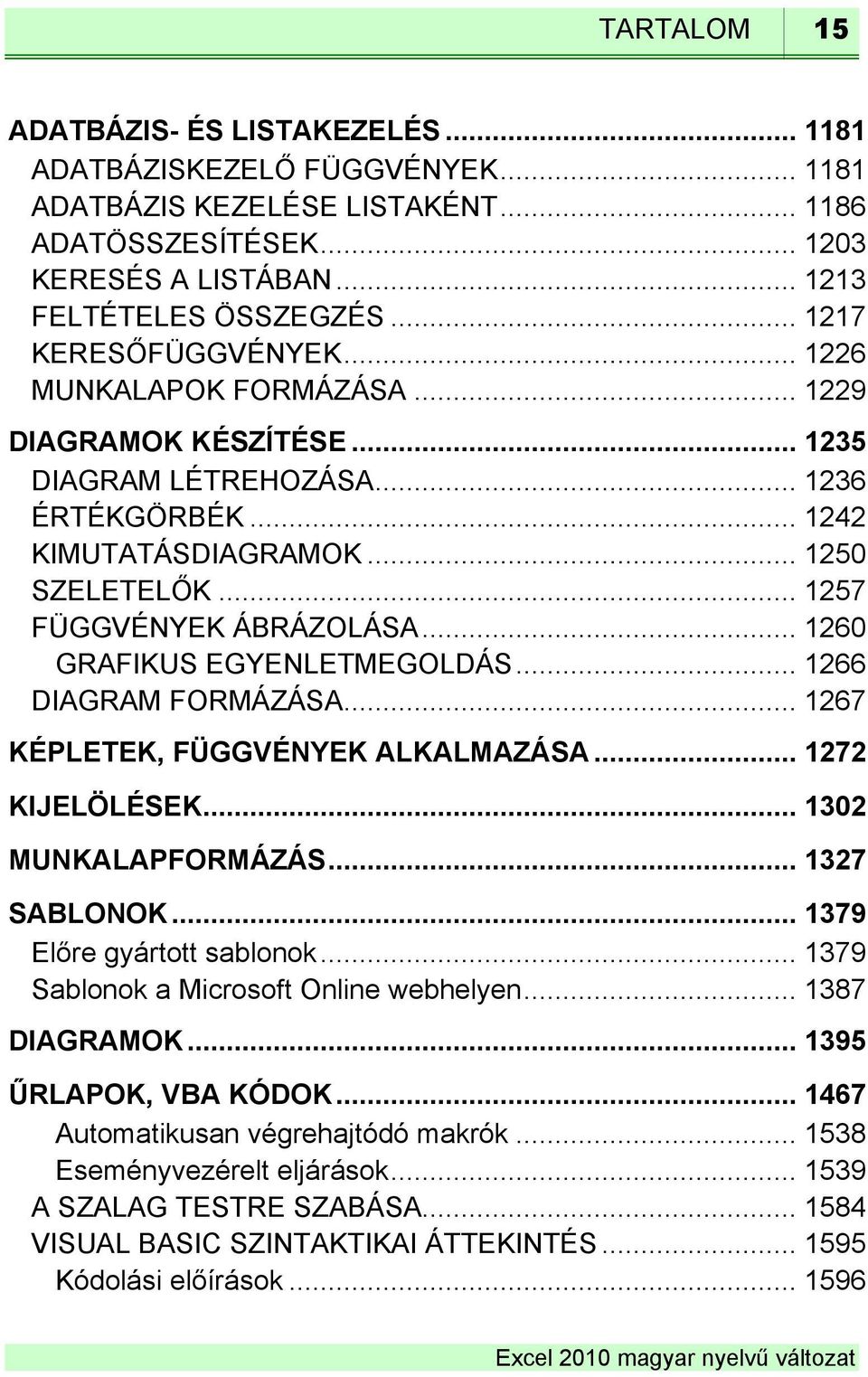 .. 1257 FÜGGVÉNYEK ÁBRÁZOLÁSA... 1260 GRAFIKUS EGYENLETMEGOLDÁS... 1266 DIAGRAM FORMÁZÁSA... 1267 KÉPLETEK, FÜGGVÉNYEK ALKALMAZÁSA... 1272 KIJELÖLÉSEK... 1302 MUNKALAPFORMÁZÁS... 1327 SABLONOK.