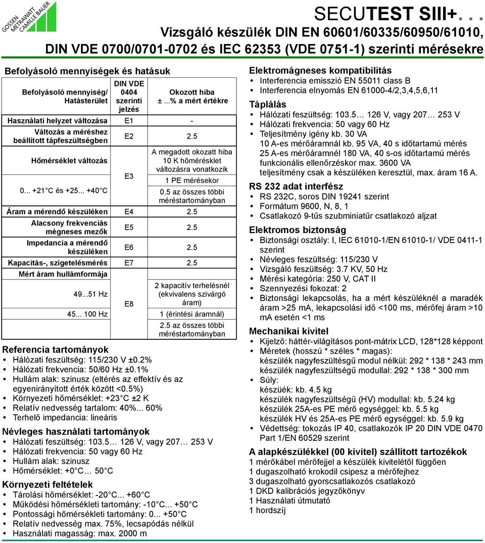 5 E3 A megadott okozatt hiba 10 K hõmérésklet változásra vonatkozik 1 PE mérésekor 0.5 az összes többi mérésban Áram a mérendõ készüléken E4 2.