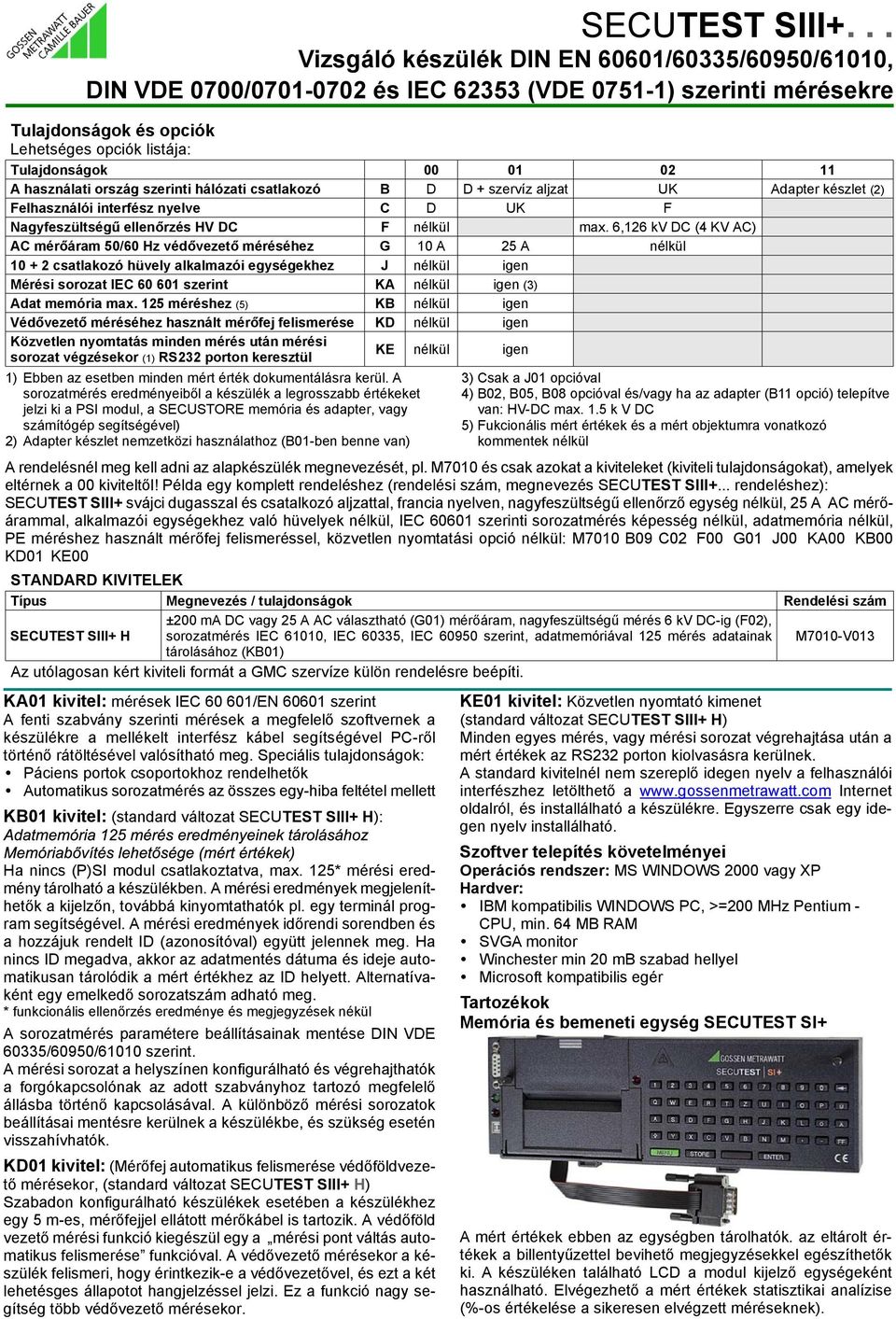 6,126 kv DC (4 KV AC) AC mérõáram 50/60 Hz védõvezetõ méréséhez G 10 A 25 A nélkül 10 + 2 csatlakozó hüvely alkalmazói egységekhez J nélkül igen Mérési sorozat IEC 60 601 szerint KA nélkül igen (3)