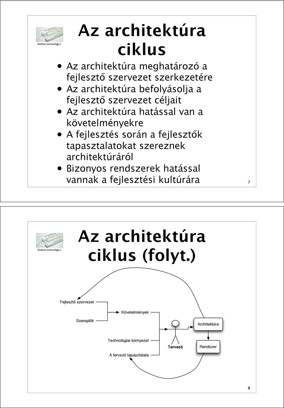 szervezet céljait Az architektúra hatással van a követelményekre A fejlesztés során a fejleszt!