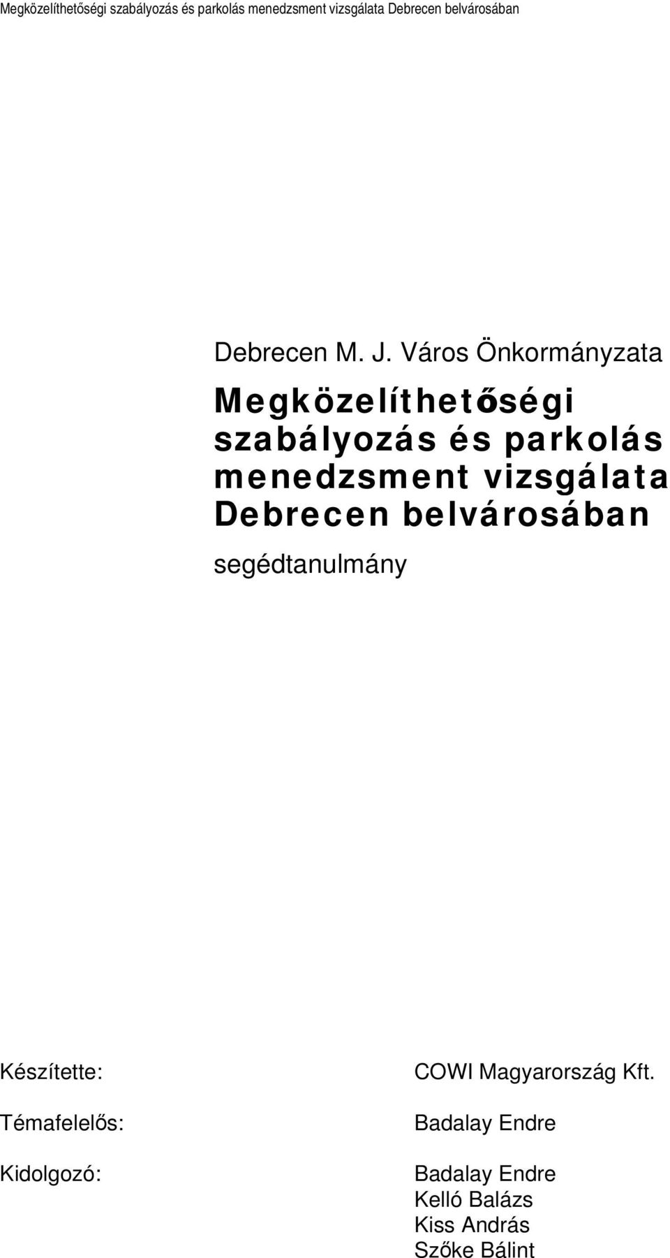 Város Önkormányzata  segédtanulmány Készítette: Témafelelős: Kidolgozó: COWI