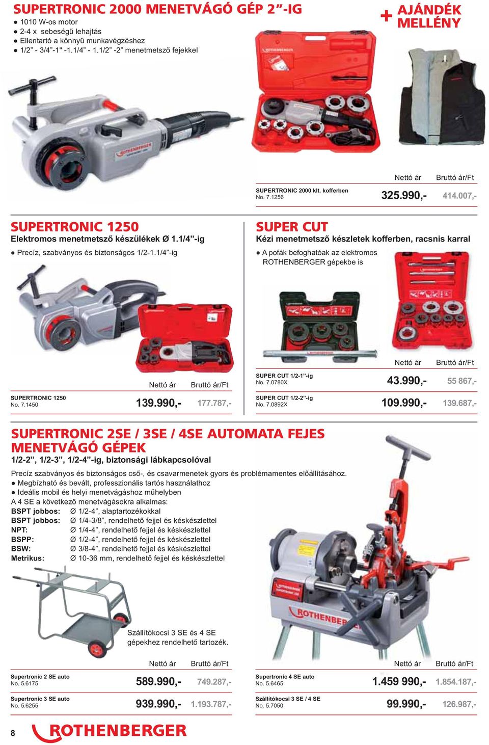 1/4 -ig SUPER CUT Kézi menetmetsző készletek kofferben, racsnis karral A pofák befoghatóak az elektromos ROTHENBERGER gépekbe is SUPER CUT 1/2-1 -ig No. 7.0780X 43.990,- 55 867,- SUPERTRONIC 1250 No.