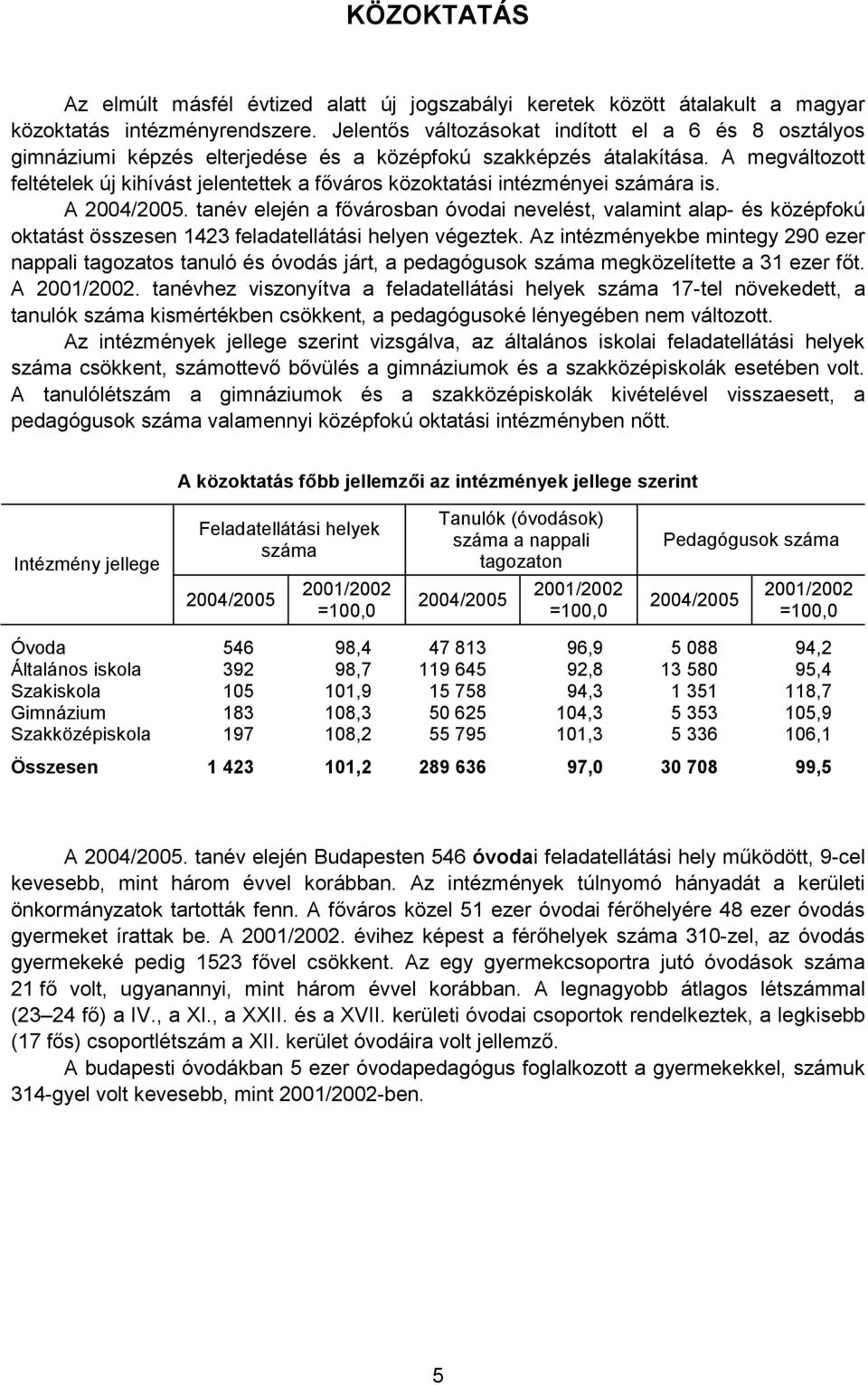 A megváltozott feltételek új kihívást jelentettek a főváros közoktatási intézményei számára is. A 2004/2005.