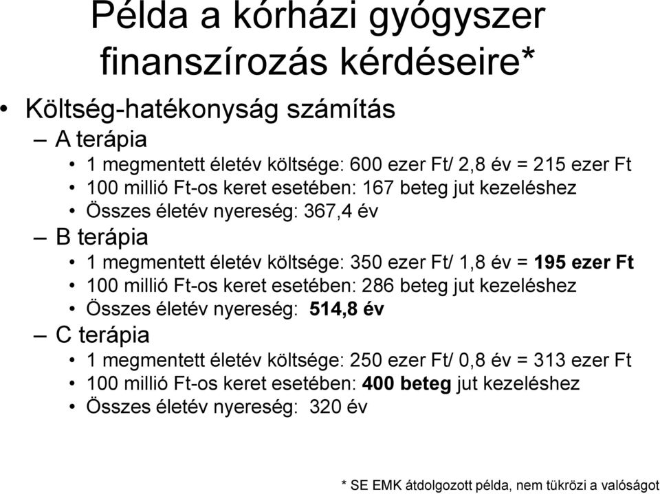 ezer Ft 100 millió Ft-os keret esetében: 286 beteg jut kezeléshez Összes életév nyereség: 514,8 év C terápia 1 megmentett életév költsége: 250 ezer Ft/ 0,8