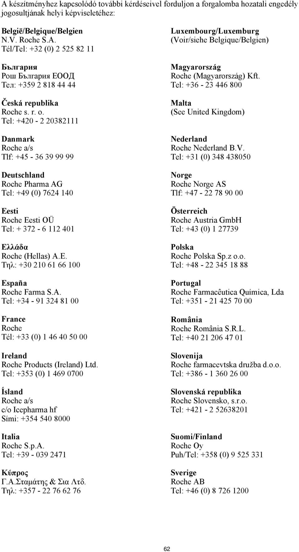 A. Tel: +34-91 324 81 00 France Roche Tél: +33 (0) 1 46 40 50 00 Ireland Roche Products (Ireland) Ltd. Tel: +353 (0) 1 469 0700 Ísland Roche a/s c/o Icepharma hf Sími: +354 540 8000 Italia Roche S.p.A. Tel: +39-039 2471 Kύπρος Γ.