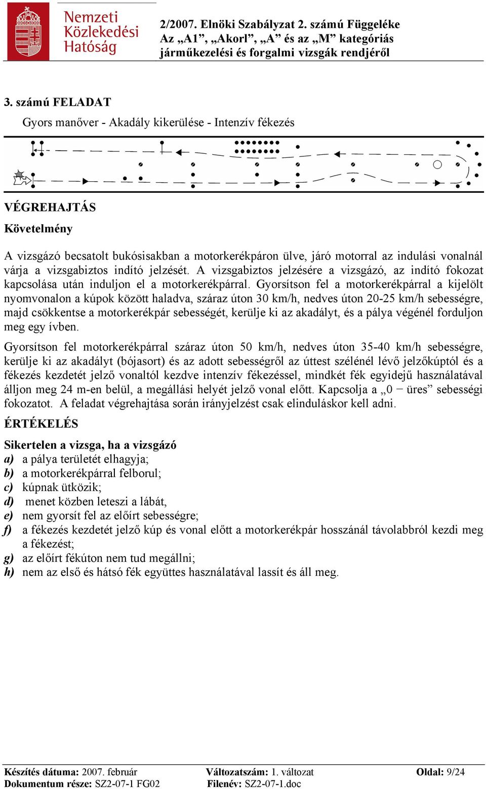 Gyorsítson fel a motorkerékpárral a kijelölt nyomvonalon a kúpok között haladva, száraz úton 30 km/h, nedves úton 20-25 km/h sebességre, majd csökkentse a motorkerékpár sebességét, kerülje ki az