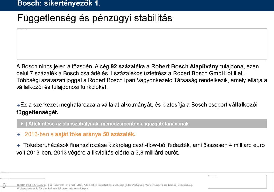 Többségi szavazati joggal a Robert Bosch Ipari Vagyonkezelő Társaság rendelkezik, amely ellátja a vállalkozói és tulajdonosi funkciókat.