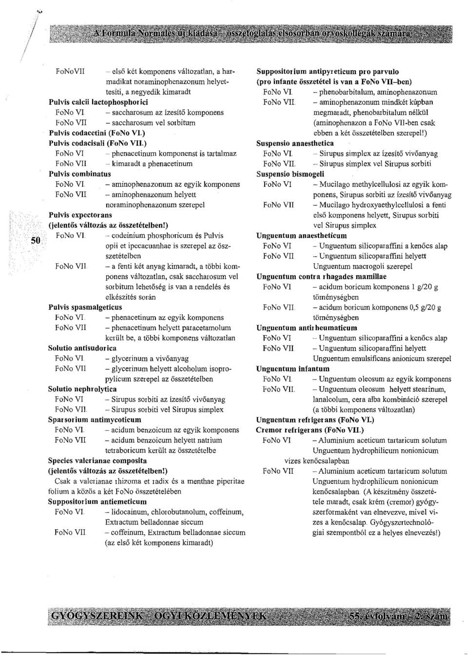 ,) FoN o VI - phenacetinum komponenst is tartahuaz FaNo VII -kimaradt a phenacetinum PuJvis combinatus Fo No VI - aminophenazonum az egyik komponens FaNo VII - aminophenazonum helyett