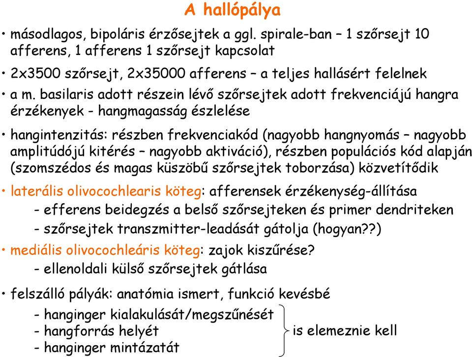 aktiváció), részben populációs kód alapján (szomszédos és magas küszöbő szırsejtek toborzása) közvetítıdik laterális olivocochlearis köteg: afferensek érzékenység-állítása - efferens beidegzés a