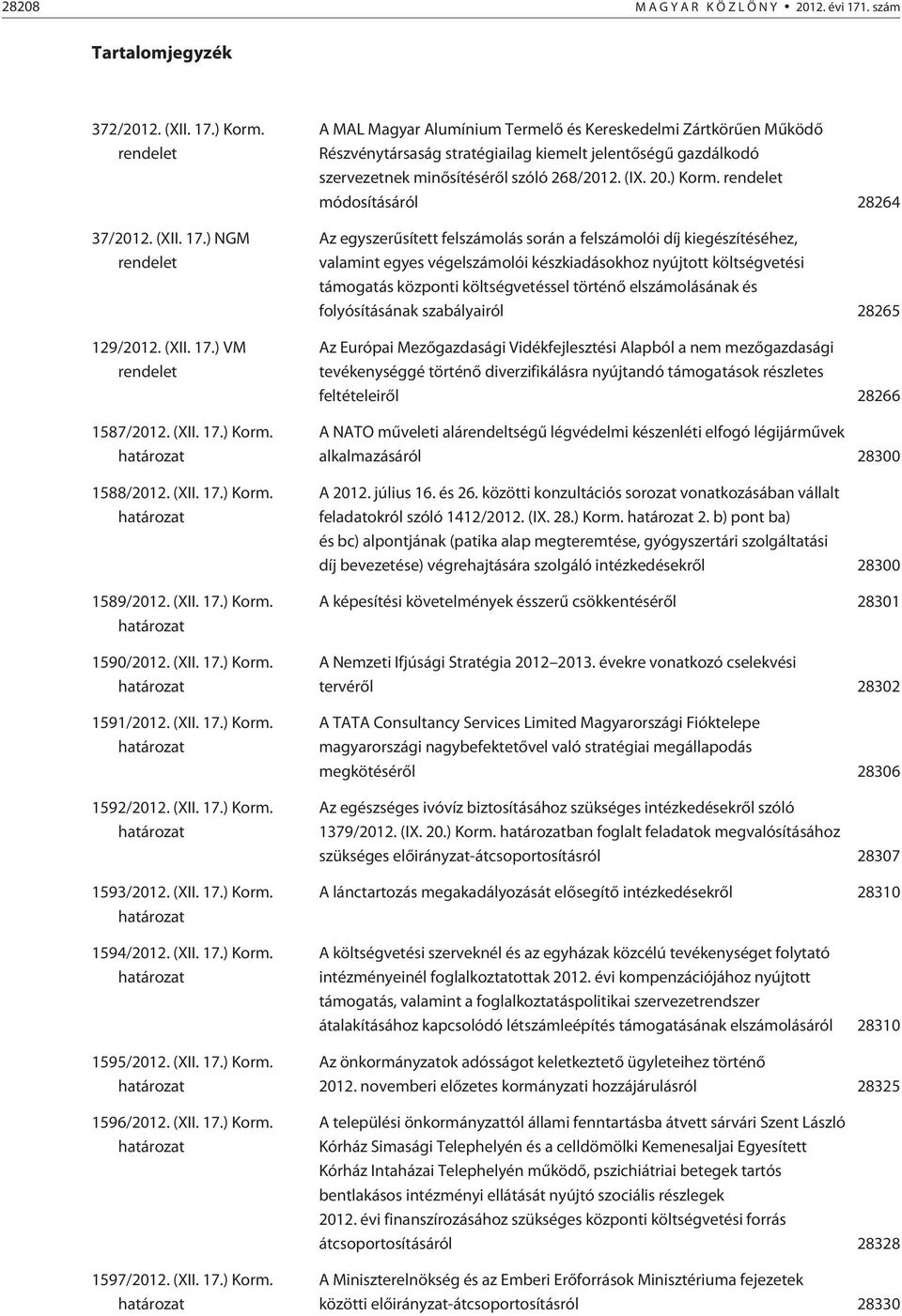 (XII. 17.) Korm. határozat 1595/2012. (XII. 17.) Korm. határozat 1596/2012. (XII. 17.) Korm. határozat 1597/2012. (XII. 17.) Korm. határozat A MAL Magyar Alumínium Termelõ és Kereskedelmi Zártkörûen Mûködõ Részvénytársaság stratégiailag kiemelt jelentõségû gazdálkodó szervezetnek minõsítésérõl szóló 268/2012.