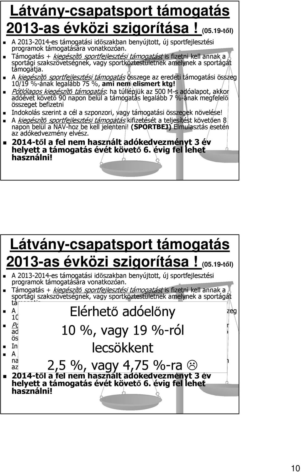 A kiegészítő sportfejlesztési támogatás összege az eredeti támogatási összeg 10/19 %-ának legalább 75 %, ami nem elismert ktg!