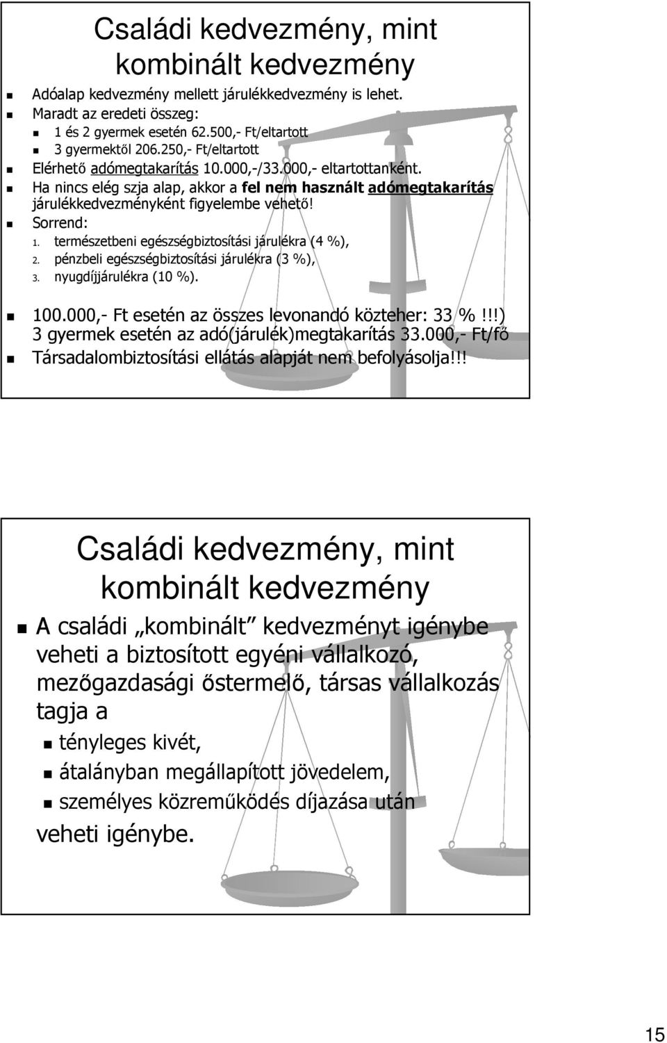 természetbeni egészségbiztosítási járulékra (4 %), 2. pénzbeli egészségbiztosítási járulékra (3 %), 3. nyugdíjjárulékra (10 %). 100.000,- Ft esetén az összes levonandó közteher: 33 %!