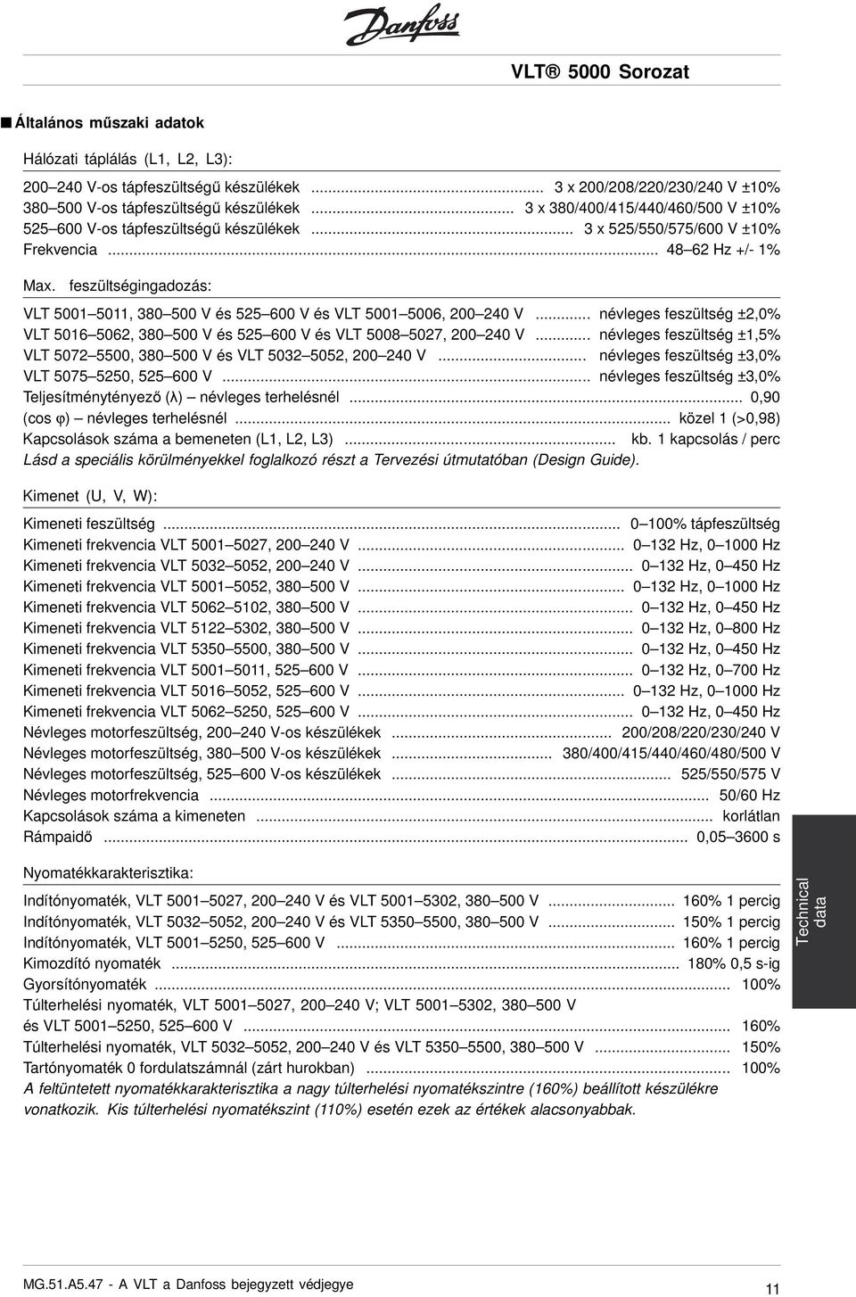 feszültségingadozás: VLT 5001 5011, 380 500 V és 525 600 V és VLT 5001 5006, 200 240 V... névleges feszültség ±2,0% VLT 5016 5062, 380 500 V és 525 600 V és VLT 5008 5027, 200 240 V.