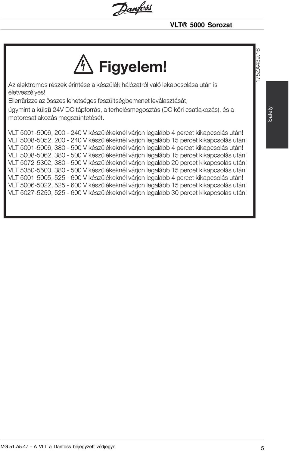 16 Safety VLT 5001-5006, 200-240 V készülékeknél várjon legalább 4 percet kikapcsolás után! VLT 5008-5052, 200-240 V készülékeknél várjon legalább 15 percet kikapcsolás után!