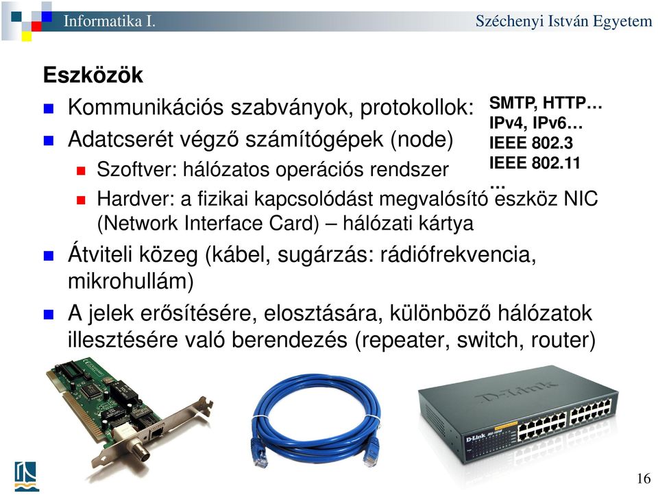 kártya Átviteli közeg (kábel, sugárzás: rádiófrekvencia, mikrohullám) SMTP, HTTP IPv4, IPv6 IEEE 802.