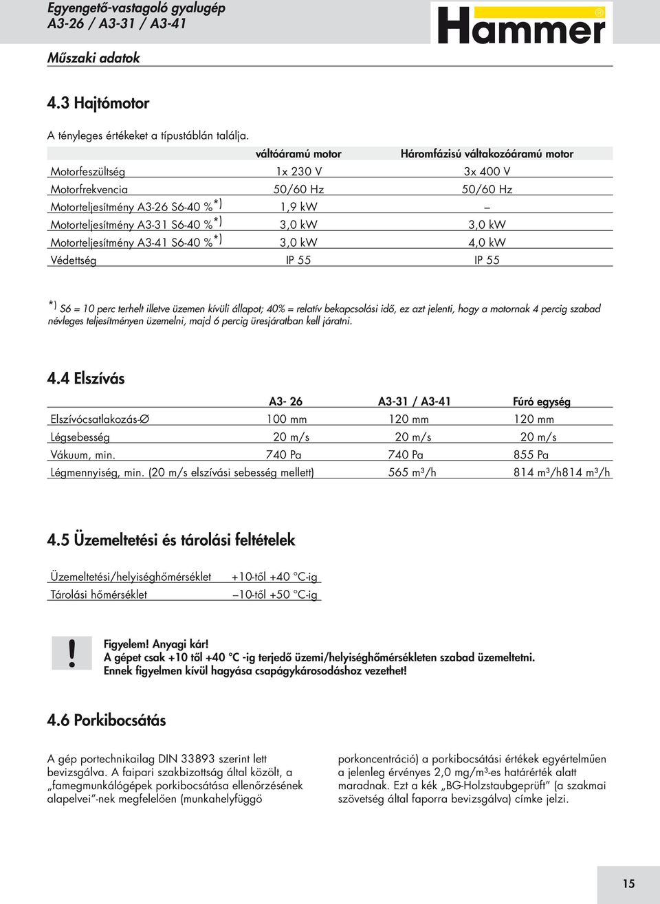 3,0 kw 3,0 kw Motorteljesítmény A3-41 S6-40 % * ) 3,0 kw 4,0 kw Védettség IP 55 IP 55 *) S6 = 10 perc terhelt illetve üzemen kívüli állapot; 40% = relatív bekapcsolási idő, ez azt jelenti, hogy a