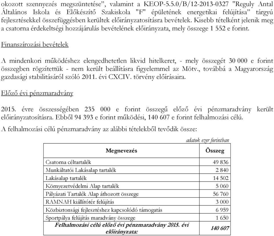 Kisebb tételként jelenik meg a csatorna érdekeltségi hozzájárulás bevételének előirányzata, mely összege 1 552 e forint.