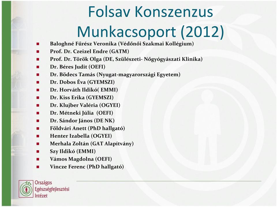 Bödecs Tamás (Nyugat magyarországi Egyetem) Dr. Dobos Éva (GYEMSZI) Dr. Horváth Ildikó( EMMI) Dr. Kiss Erika (GYEMSZI) Dr.