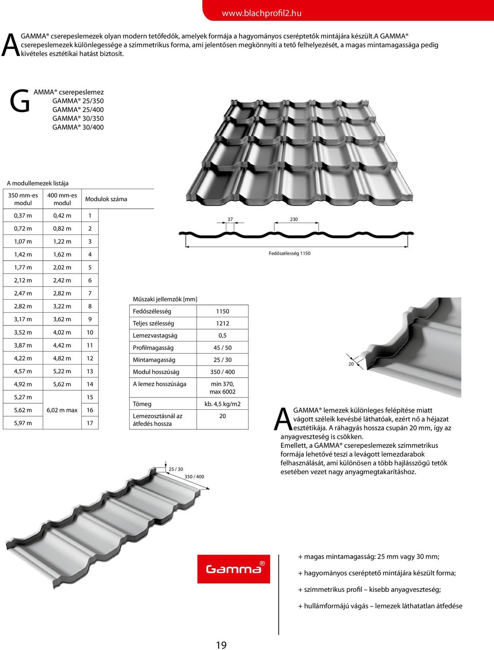 GAMMA cserepeslemez GAMMA 25/350 GAMMA 25/400 GAMMA 30/350 GAMMA 30/400 A modullemezek listája 350 mm-es modul 400 mm-es modul 0,37 m 0,42 m 1 0,72 m 0,82 m 2 Modulok száma 37 230 1,07 m 1,22 m 3