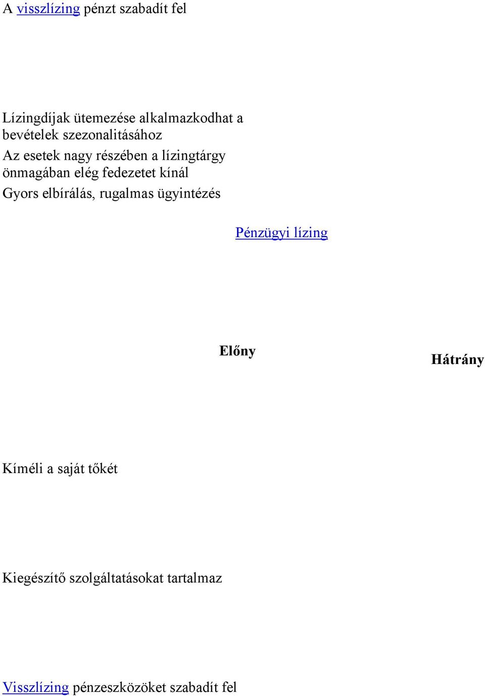 kínál Gyors elbírálás, rugalmas ügyintézés Pénzügyi lízing Előny Hátrány Kíméli a