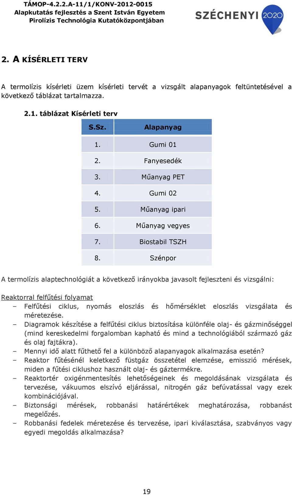 Szénpor A termolízis alaptechnológiát a következő irányokba javasolt fejleszteni és vizsgálni: Reaktorral felfűtési folyamat Felfűtési ciklus, nyomás eloszlás és hőmérséklet eloszlás vizsgálata és