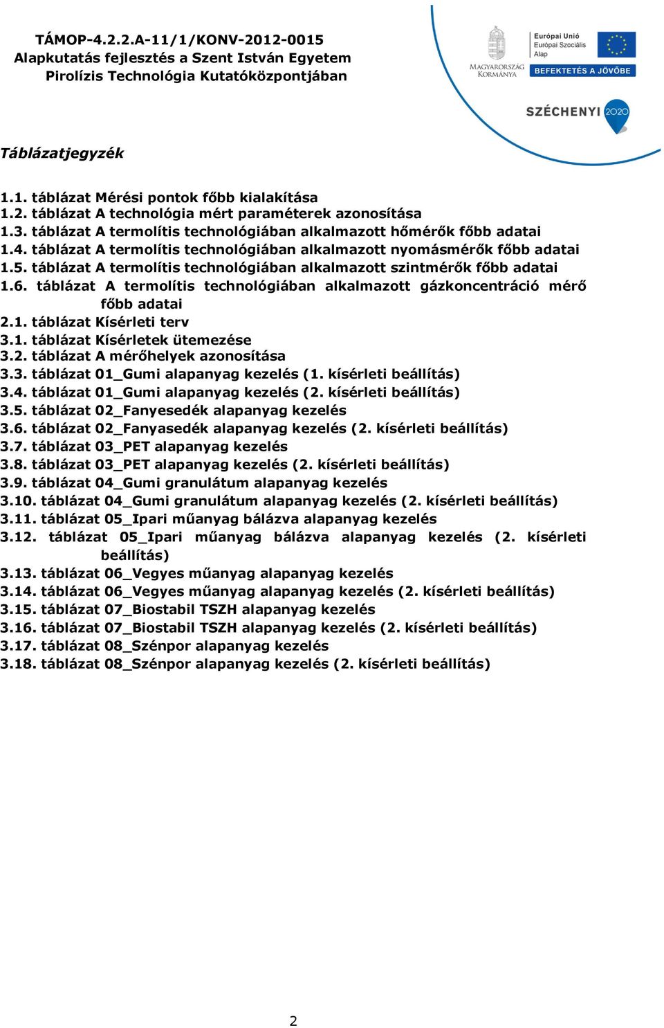 táblázat A termolítis technológiában alkalmazott szintmérők főbb adatai 1.6. táblázat A termolítis technológiában alkalmazott gázkoncentráció mérő főbb adatai 2.1. táblázat Kísérleti terv 3.1. táblázat Kísérletek ütemezése 3.