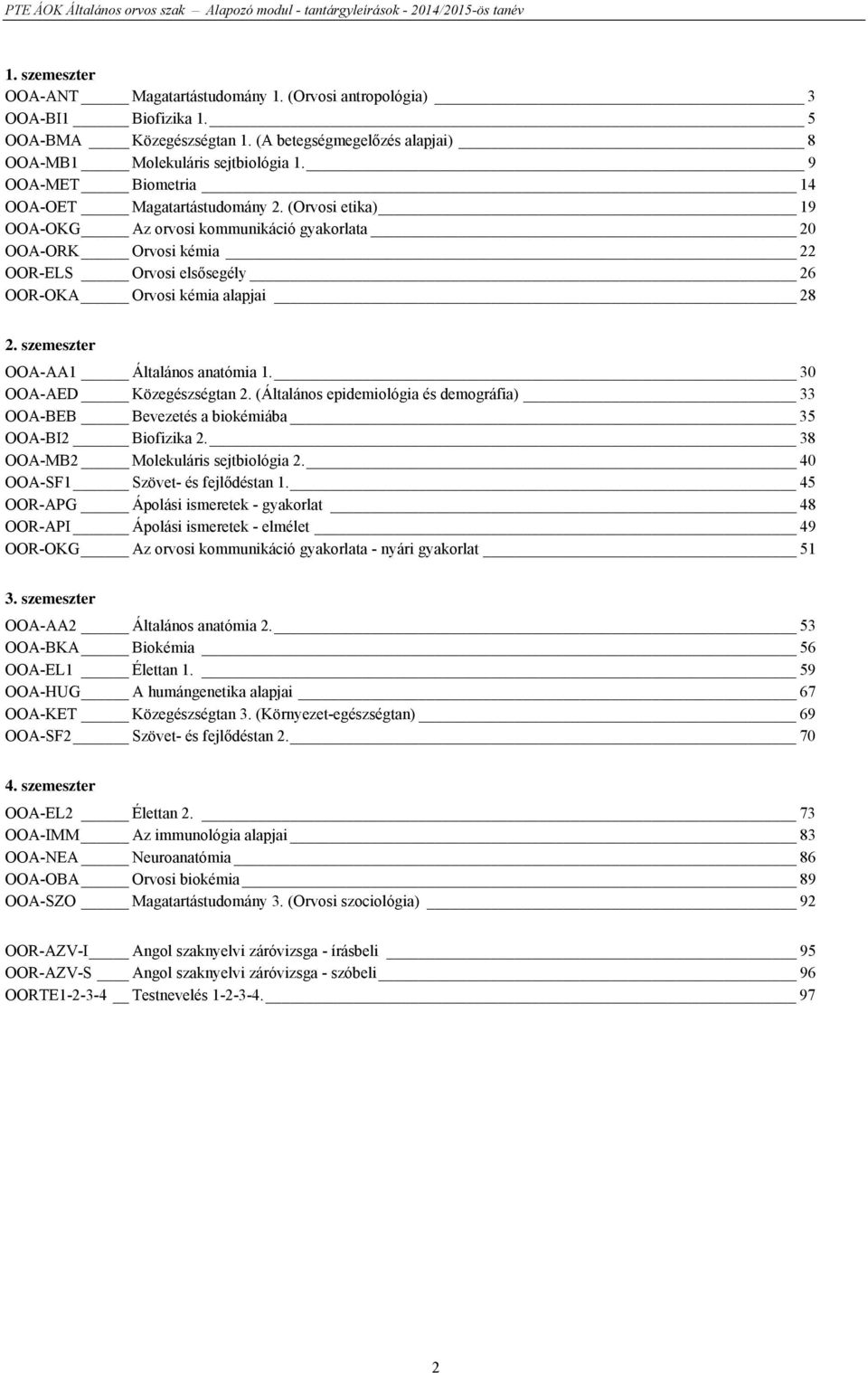 (Orvosi etika) 19 OOA-OKG Az orvosi kommunikáció gyakorlata 20 OOA-ORK Orvosi kémia 22 OOR-ELS Orvosi elsősegély 26 OOR-OKA Orvosi kémia alapjai 28 2. szemeszter OOA-AA1 Általános anatómia 1.