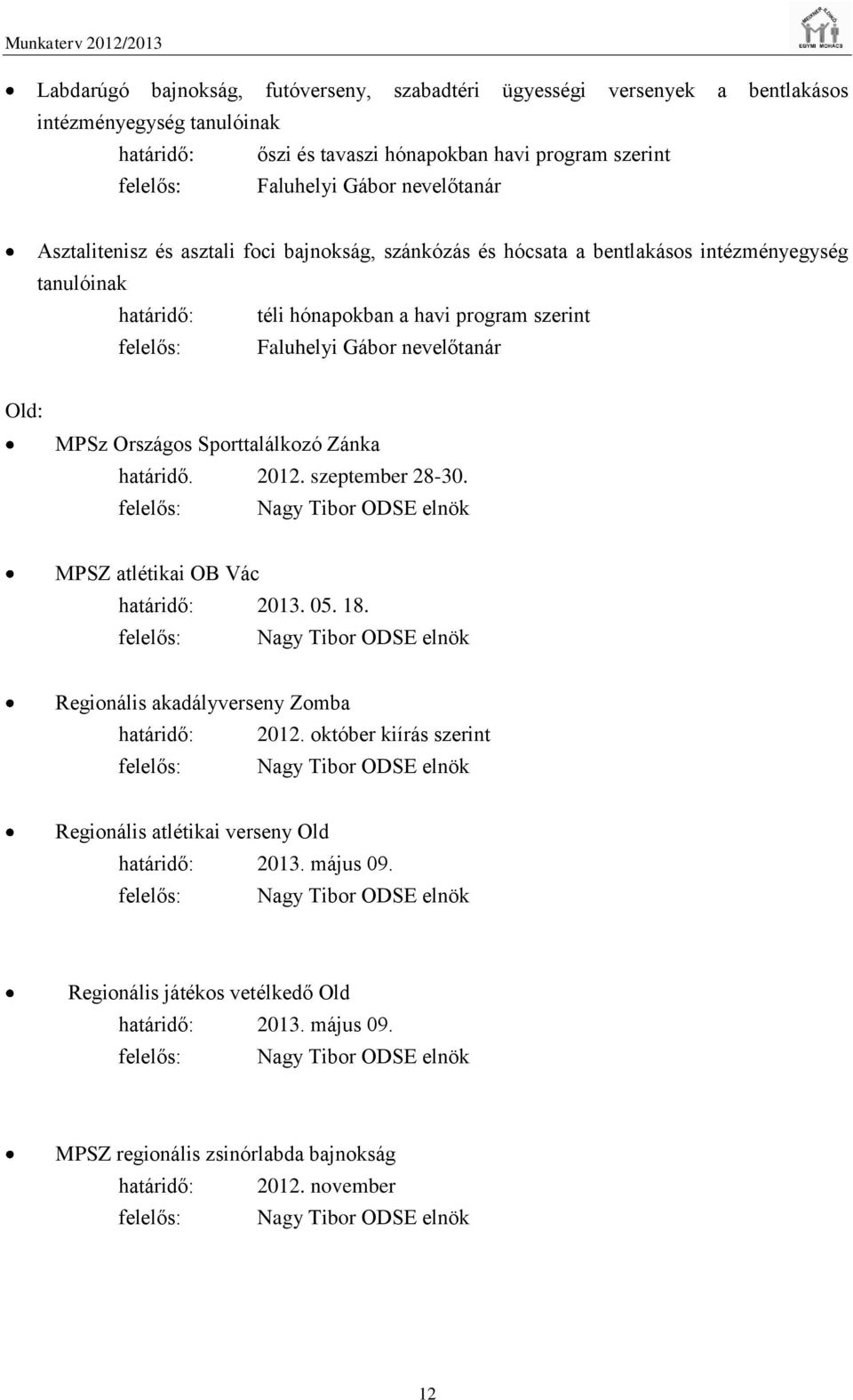 nevelőtanár Old: MPSz Országos Sporttalálkozó Zánka határidő. 2012. szeptember 28-30. felelős: Nagy Tibor ODSE elnök MPSZ atlétikai OB Vác határidő: 2013. 05. 18.