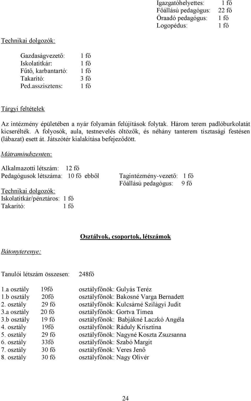 A folyosók, aula, testnevelés öltözők, és néhány tanterem tisztasági festésen (lábazat) esett át. Játszótér kialakítása befejeződött.