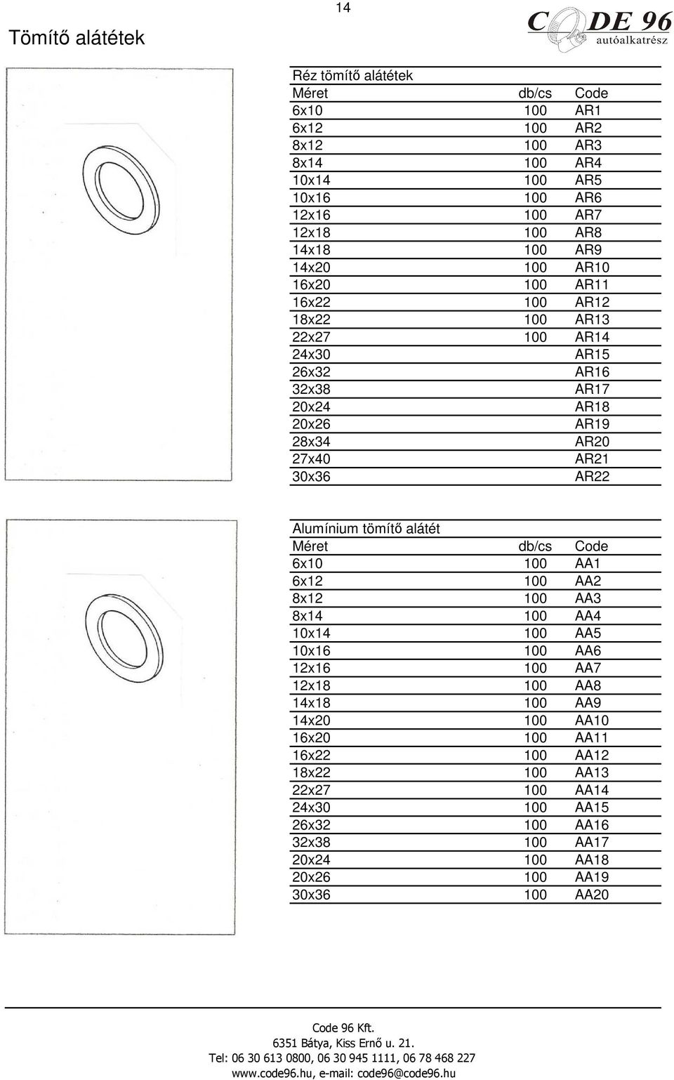 30x36 AR22 Alumínium tömítı alátét Méret 6x10 100 AA1 6x12 100 AA2 8x12 100 AA3 8x14 100 AA4 10x14 100 AA5 10x16 100 AA6 12x16 100 AA7 12x18 100 AA8 14x18 100