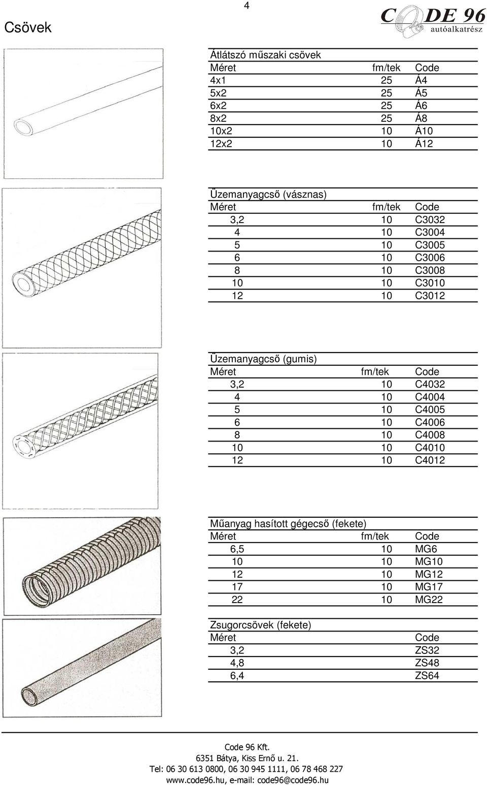 Méret fm/tek Code 3,2 10 C4032 4 10 C4004 5 10 C4005 6 10 C4006 8 10 C4008 10 10 C4010 12 10 C4012 Mőanyag hasított gégecsı