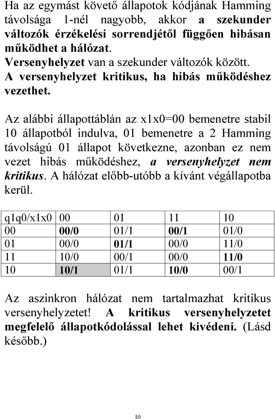 Az alábbi állapottáblán az xx= bemenetre stabil állapotból indulva, bemenetre a 2 Hamming távolságú állapot következne, azonban ez nem vezet hibás mőködéshez, a