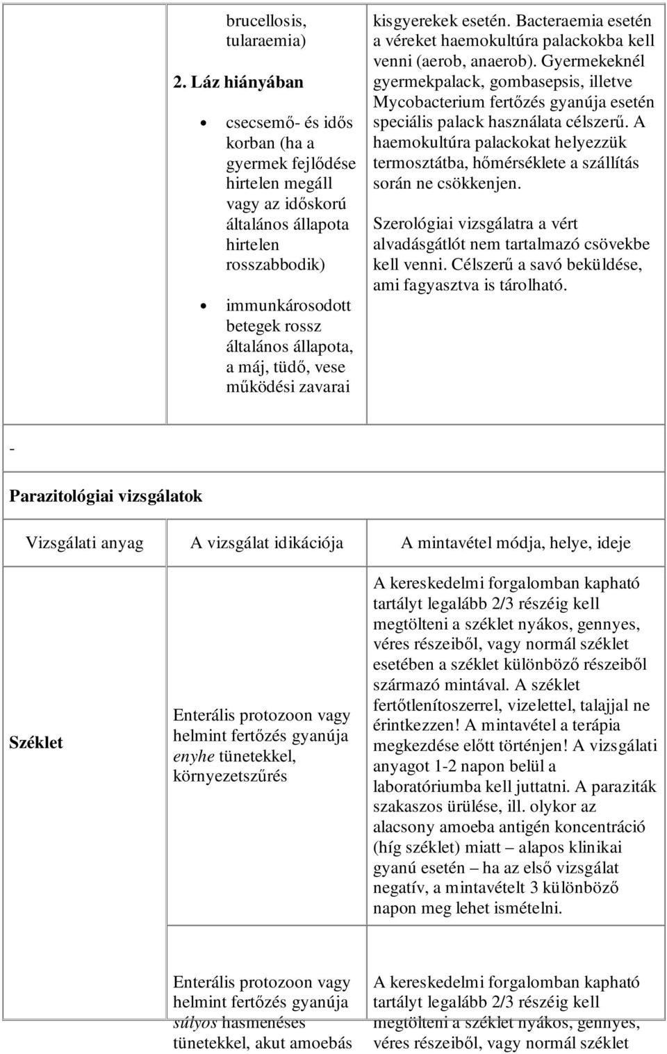 tüdı, vese mőködési zavarai kisgyerekek esetén. Bacteraemia esetén a véreket haemokultúra palackokba kell venni (aerob, anaerob).