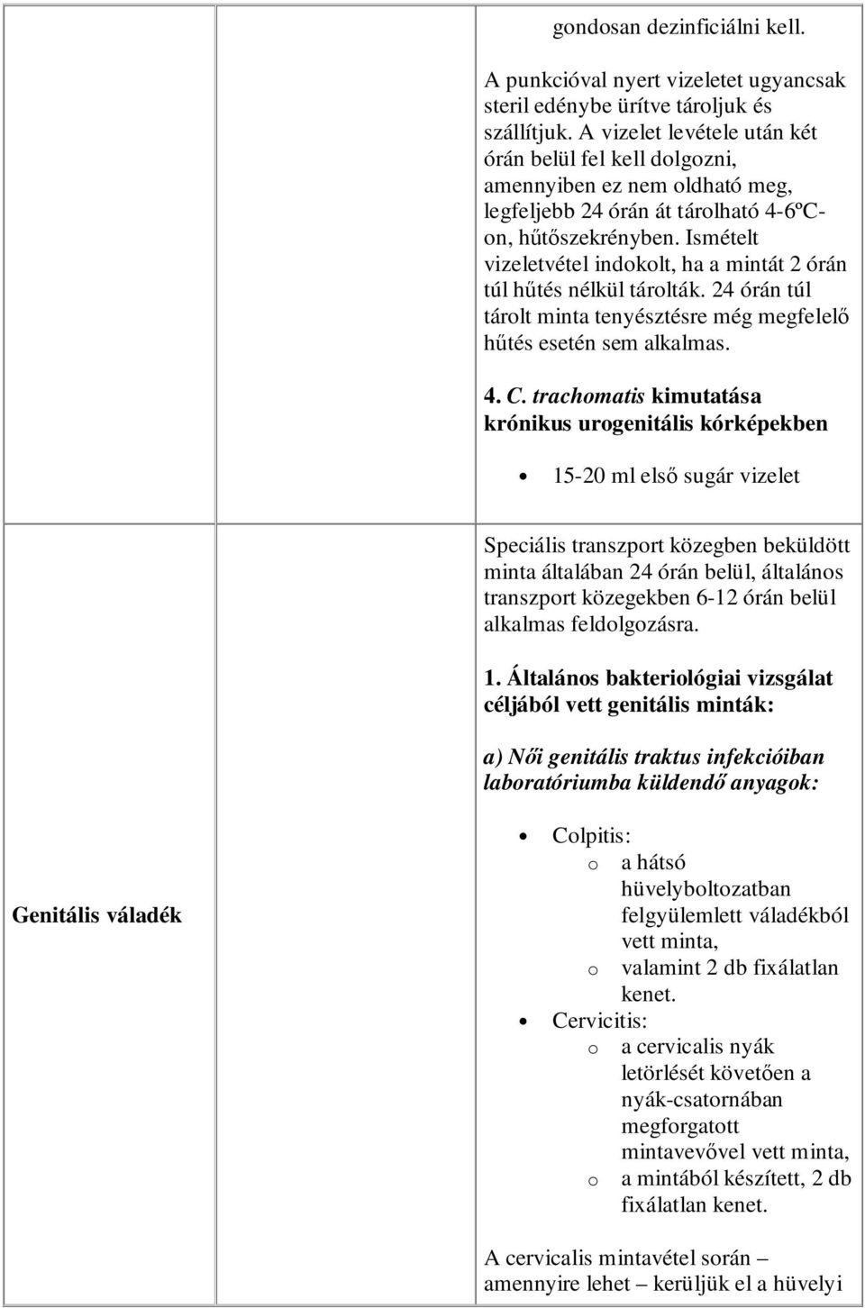 Ismételt vizeletvétel indokolt, ha a mintát 2 órán túl hőtés nélkül tárolták. 24 órán túl tárolt minta tenyésztésre még megfelelı hőtés esetén sem alkalmas. 4. C.