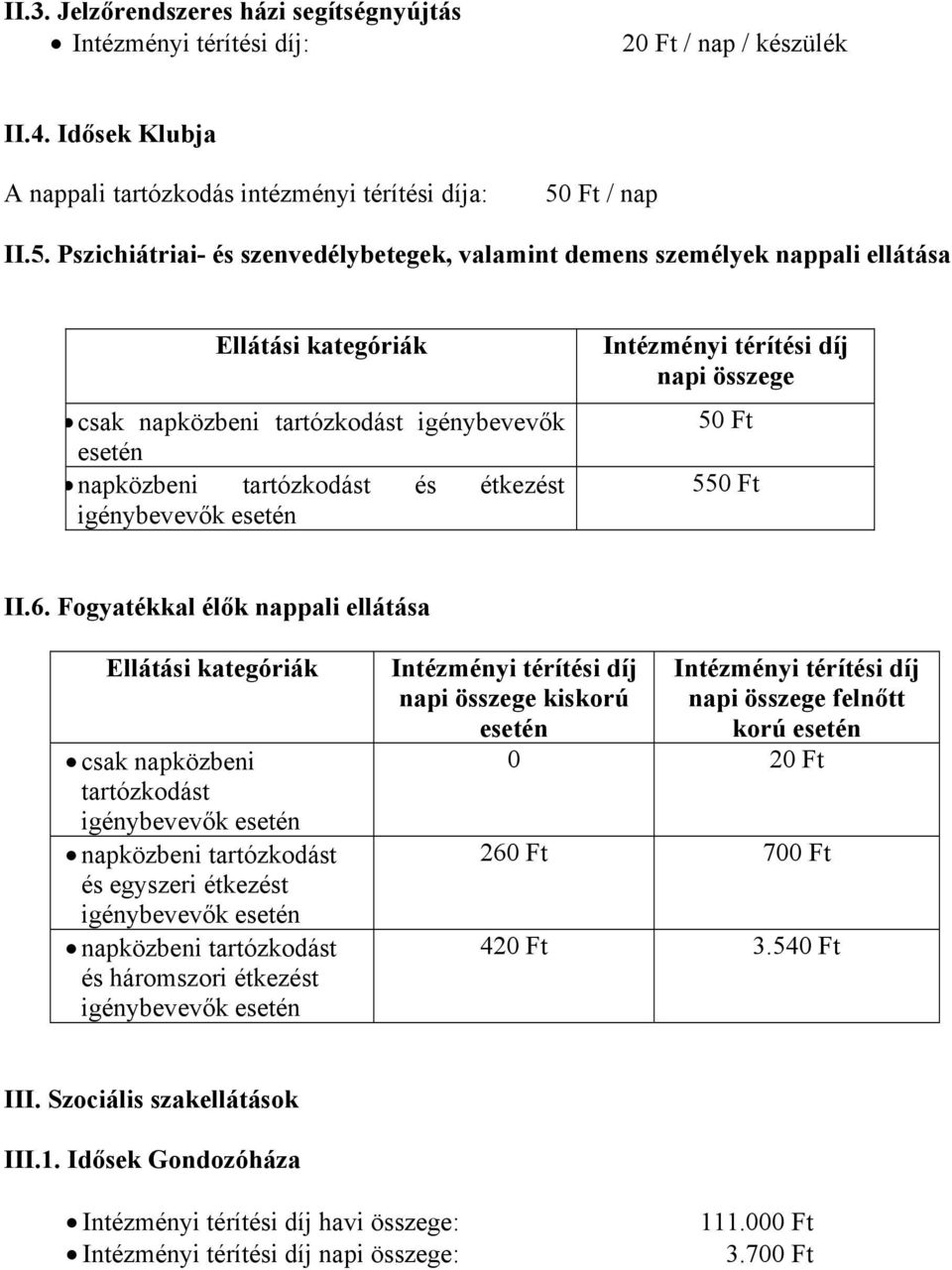 Pszichiátriai- és szenvedélybetegek, valamint demens személyek nappali ellátása Ellátási kategóriák csak napközbeni tartózkodást igénybevevők esetén napközbeni tartózkodást és étkezést igénybevevők