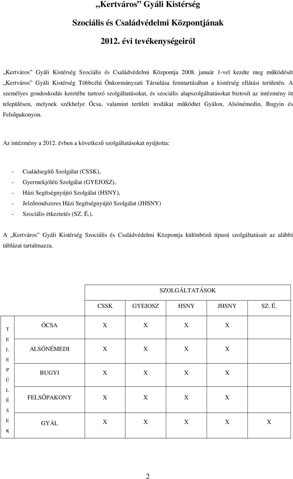 A személyes gondoskodás keretébe tartozó szolgáltatásokat, és szociális alapszolgáltatásokat biztosít az intézmény öt településen, melynek székhelye Ócsa, valamint területi irodákat mőködtet Gyálon,