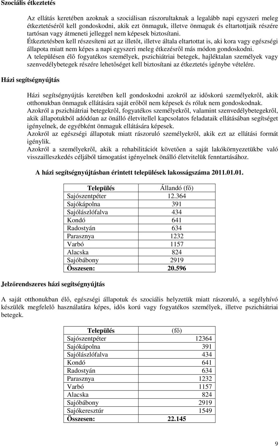 Étkeztetésben kell részesíteni azt az illetőt, illetve általa eltartottat is, aki kora vagy egészségi állapota miatt nem képes a napi egyszeri meleg étkezésről más módon gondoskodni.