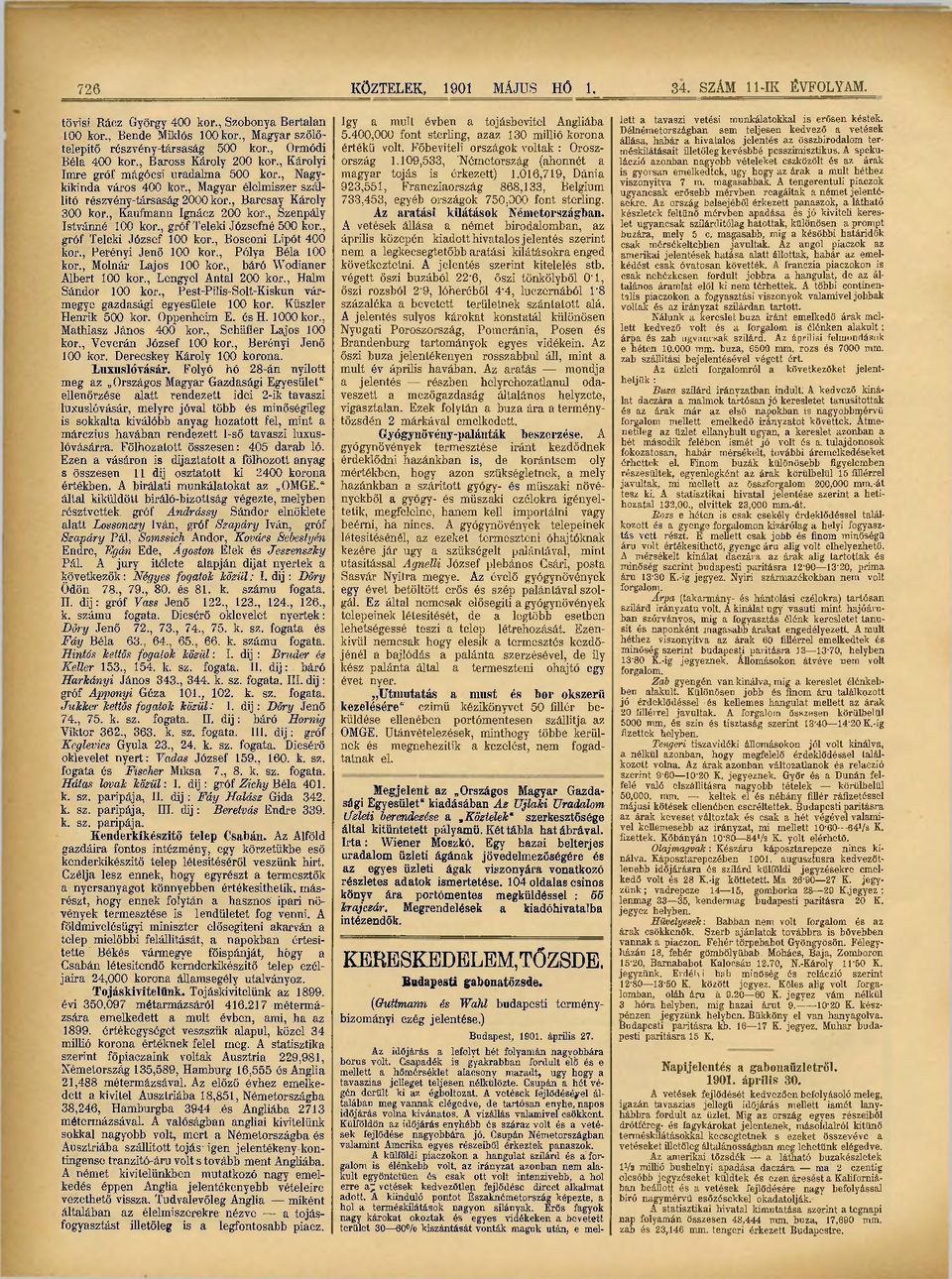 , Kaufmann Ignácz 200 kor., Szenpály Istvánné 100 kor., gróf Teleki Józsefné 500 kor., gróf Teleki József 100 kor., Bosconi Lipót 400 kor., Perényi Jenő 100 kor., Pólya Béla 100 kor.