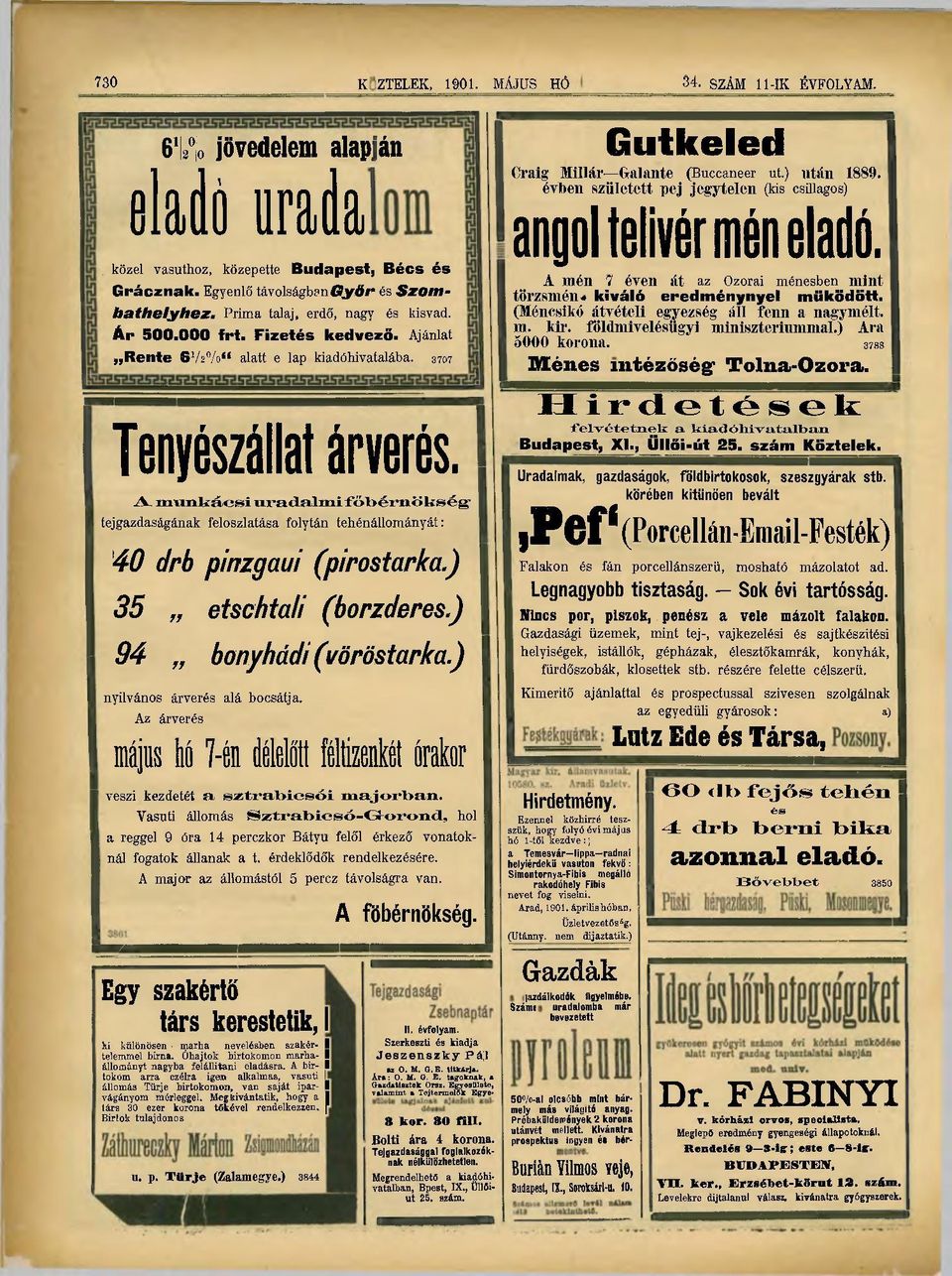 A munkácsi uradalmifőbérnökség' tejgazdaságának feloszlatása folytán tehénállományát: 40 drb pinzgaui (pirostarka.) 35 etschtali (borzderes.) 94 bonyhádi (vöröstarka.) nyilvános árverés alá bocsátja.