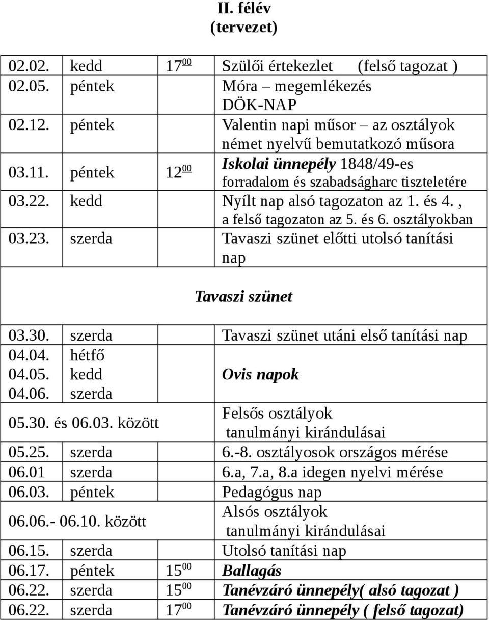 szerda Tavaszi szünet előtti utolsó tanítási nap Tavaszi szünet 03.30. szerda Tavaszi szünet utáni első tanítási nap 04.04. 04.05. 04.06. hétfő kedd szerda Ovis napok 05.30. és 06.03. között Felsős osztályok tanulmányi kirándulásai 05.