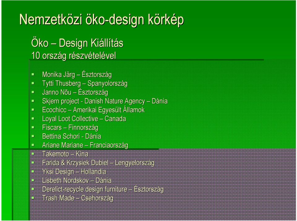 Collective Canada Fiscars Finnország Bettina Schori - Dánia Ariane Mariane Franciaország Takemoto Kína Farida & Krzysiek Dubiel