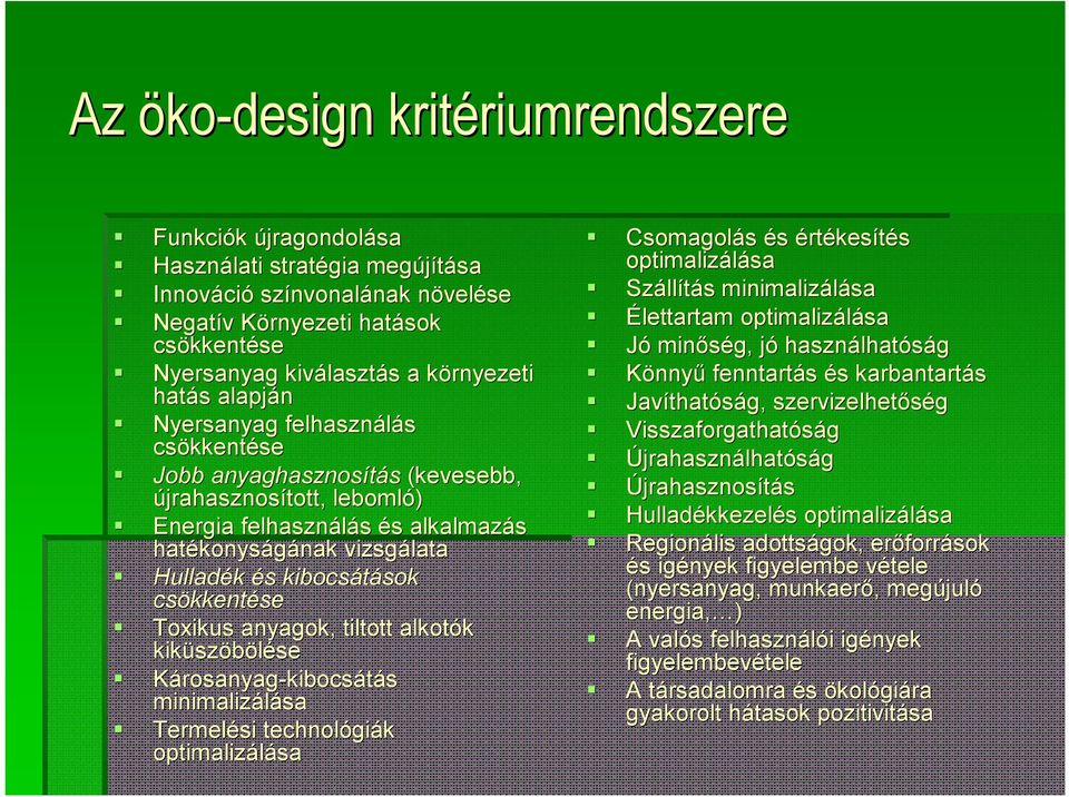 alkalmazás hatékonys konyságának nak vizsgálata Hulladék és s kibocsátások sok csökkent kkentése Toxikus anyagok, tiltott alkotók kiküsz szöbölésese Károsanyag-kibocsátás minimalizálása Termelési