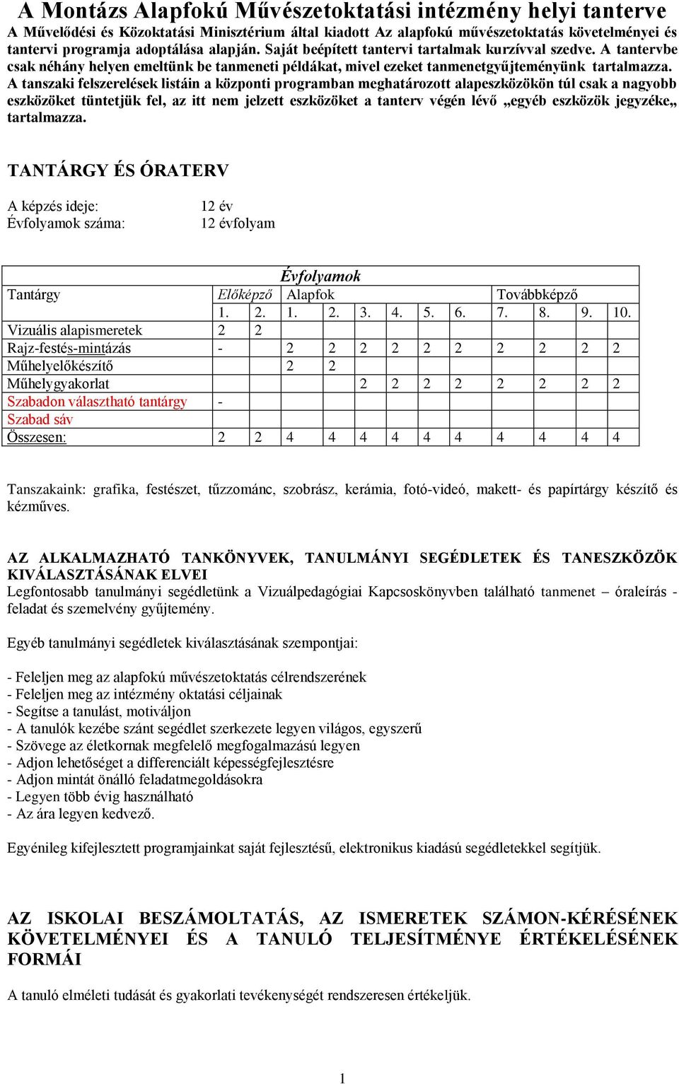 A tanszaki felszerelések listáin a központi programban meghatározott alapeszközökön túl csak a nagyobb eszközöket tüntetjük fel, az itt nem jelzett eszközöket a tanterv végén lévő egyéb eszközök