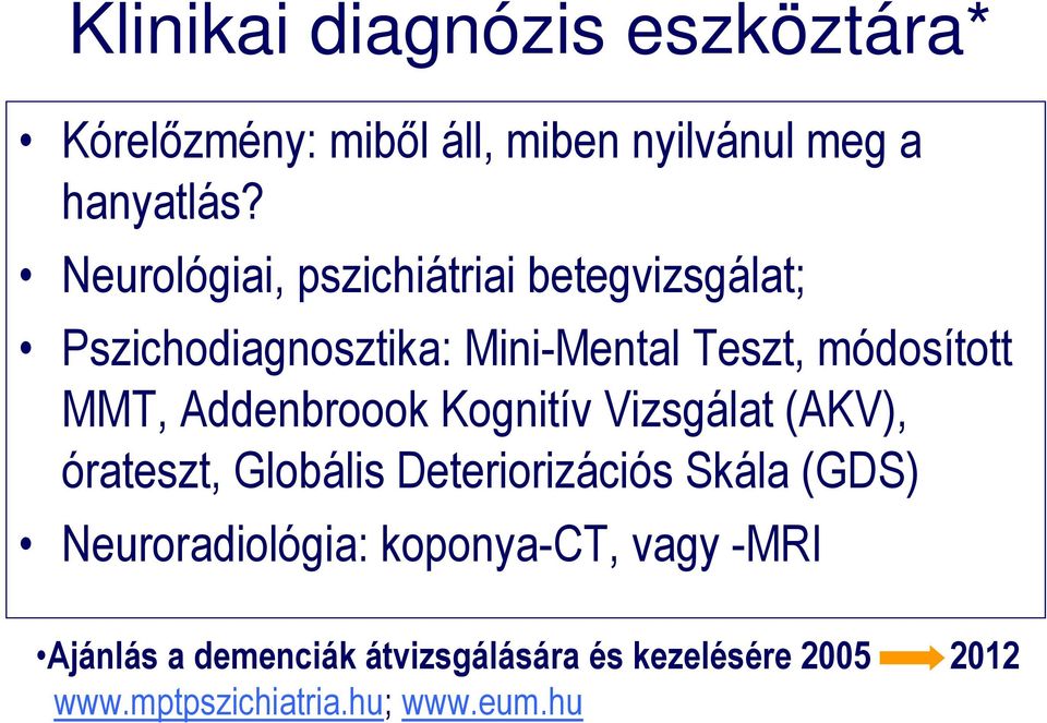 Addenbroook Kognitív Vizsgálat (AKV), órateszt, Globális Deteriorizációs Skála (GDS)