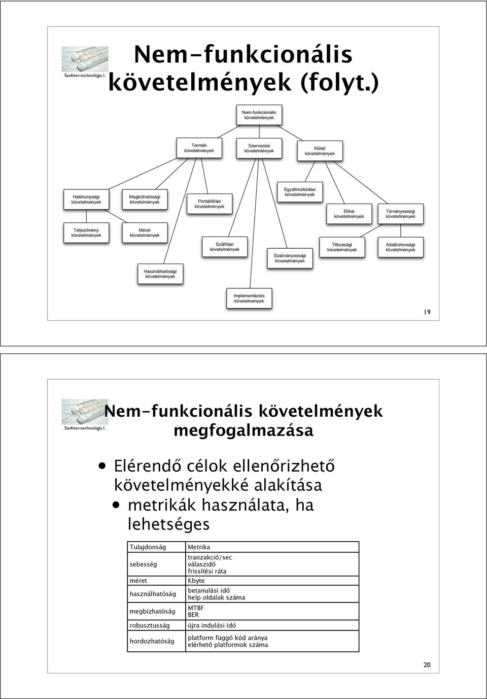 Használhatósági Implementációs 19 Nem-funkcionális megfogalmazása Elérend" célok ellen"rizhet" ké alakítása metrikák használata, ha lehetséges