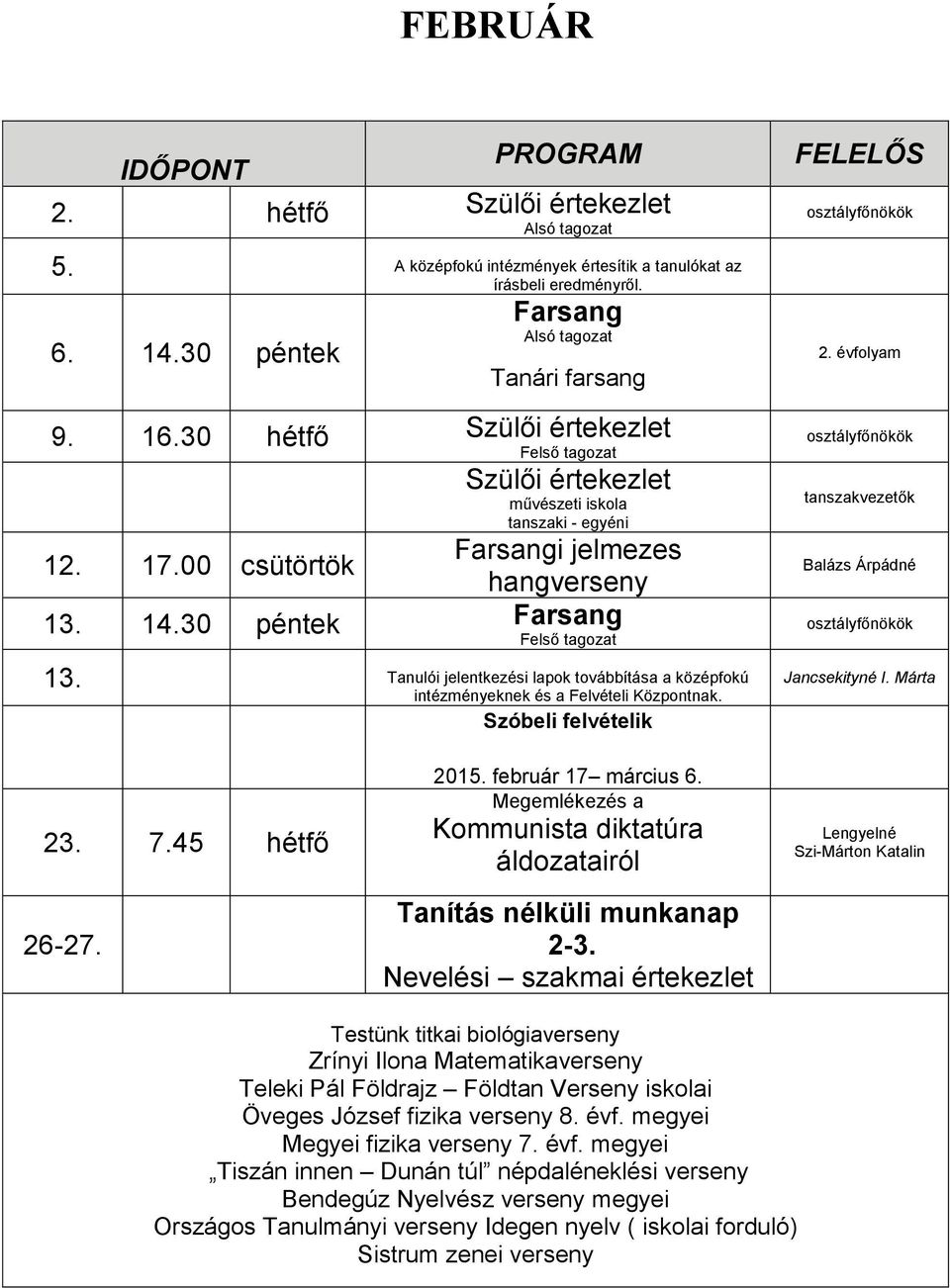 Tanulói jelentkezési lapok továbbítása a középfokú intézményeknek és a Felvételi Központnak. Szóbeli felvételik FELELŐS 2. évfolyam tanszakvezetők Balázs Árpádné 23. 7.45 hétfő 26-27. 2015.