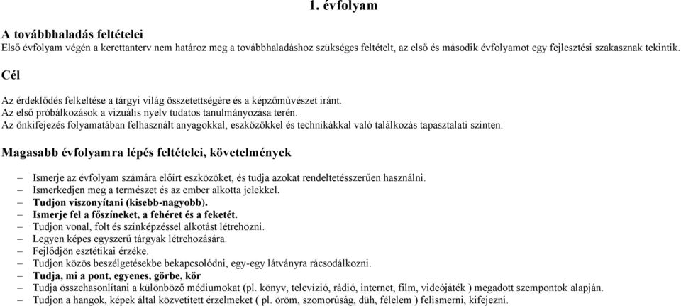 Az önkifejezés folyamatában felhasznált anyagokkal, eszközökkel és technikákkal való találkozás tapasztalati szinten.